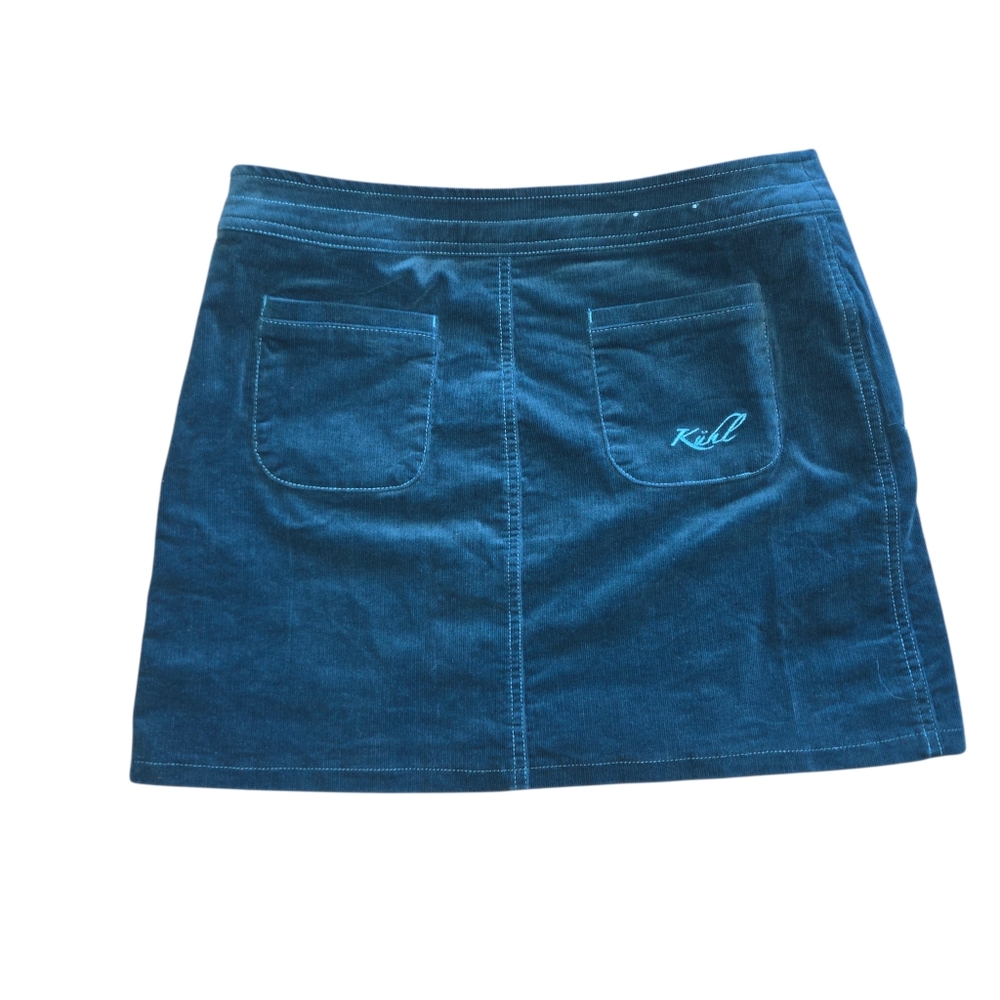 Kuhl Corduroy Mini Skirt 4 Blue Teal Asymmetric Snap Zip Pocket Stretch Gorpcore - Picture 3 of 10
